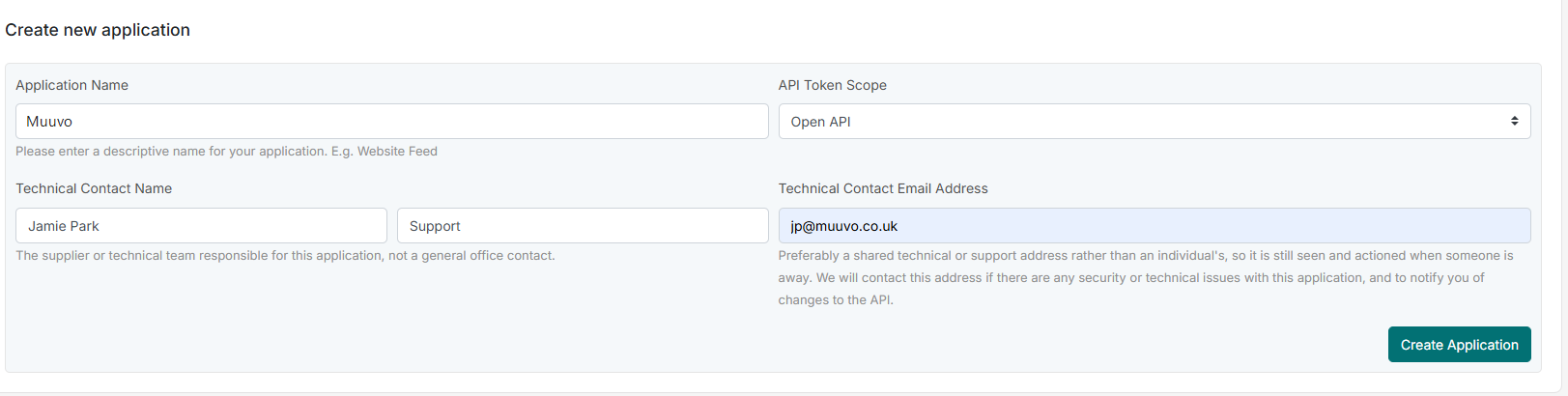 Street Create new application form
