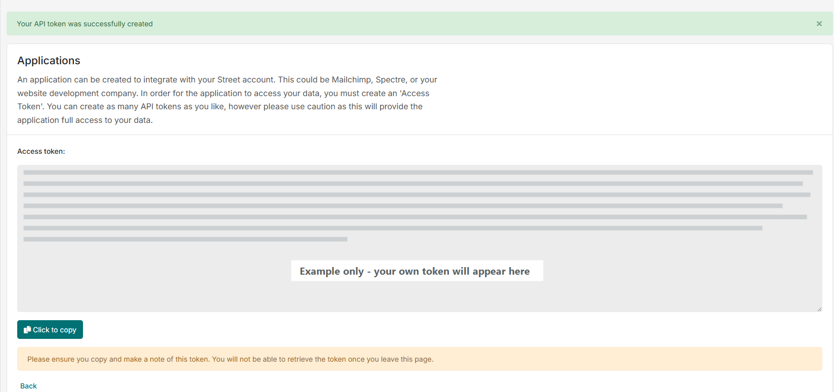 Street page showing the new access token and the Click to copy button